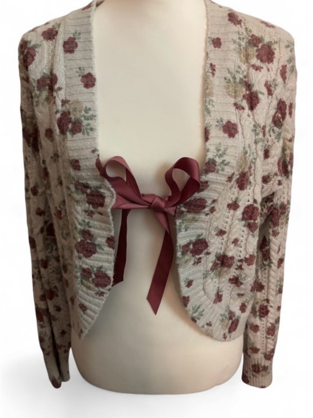 Francesca's Beige Pink Floral Knit Open Front Bow Cardigan Sweater M